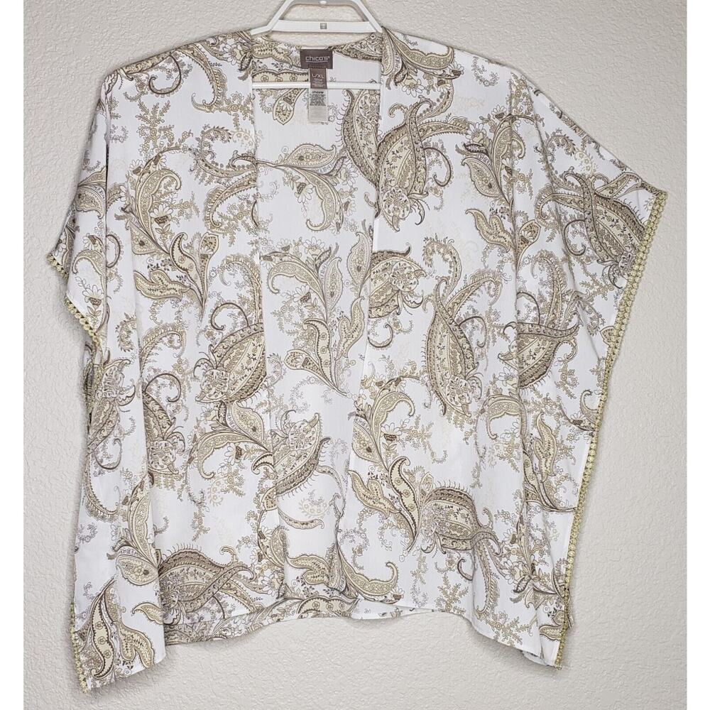 Chico’s Womens‎ KimonoTop L/XL 3/4 Sleeve White Gold Paisley Floral Lightweight